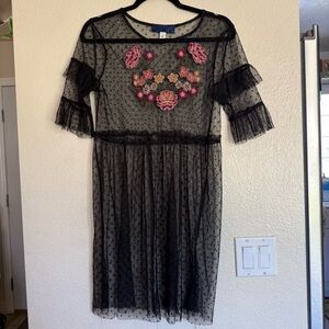 Blue Rain Sheer Black Polka Dot Dress with Pink Floral Embroidery